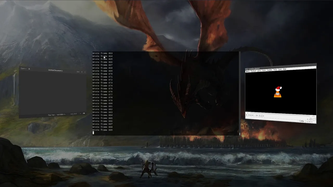 Wayfire desktop showing three application windows arranged in a 3D switcher over a dragon wallpaper.